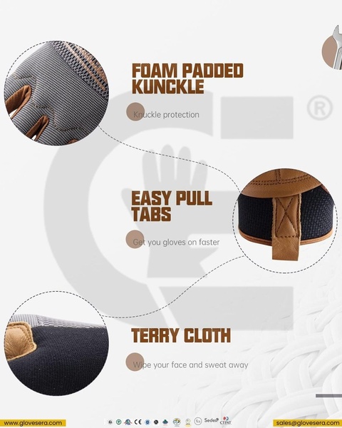 A technical infographic-style ad for work gloves that uses zoomed-in product shots to highlight specific design benefits like padding and utility tabs.